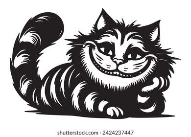 Cheshire cat with a wide smile vector drawing, black silhouette on a transparent background, cartoon print for stencil svg