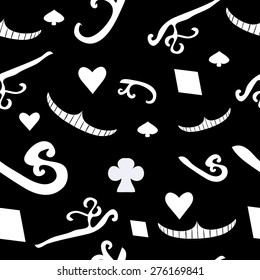 Cheshire Smile and Suits from Alice's adventures in Wonderland World. Seamless illustration. Vector Background. Theme party element for Wrapping paper, background, etc.