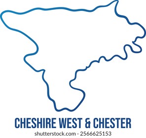 Cheshire West and Chester unitary authority in Cheshire simplified map. Hand drawn abstract line map. Illuminated Blue gradient contour