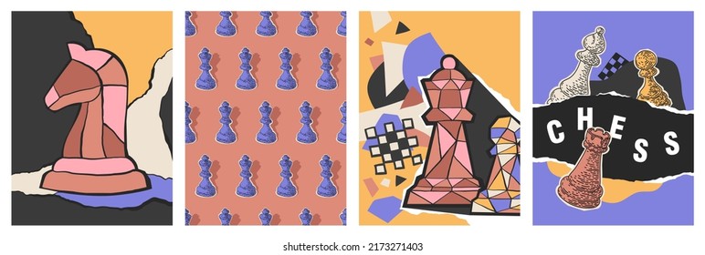 Chess abstract artistic poster set. Chess designs collection for web, mobile apps, tournament announcements, book covers.