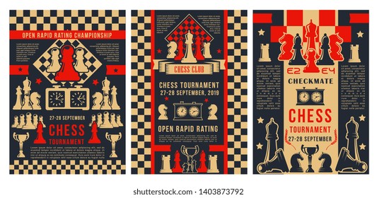 Chess academy game tournament, checkmate strategy sport championship posters. Vector chess club cup for beginners and professional players, chessboard pieces with game score clock and victory stars