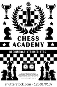 Chess academy or training school poster. Vector chess tournament and championship game design of horse and pawn, rook and king crown on chessboard and score clock