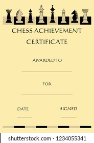 Chess achievement certificate with complet set chess pieces on chessboard, beige background in old paper style