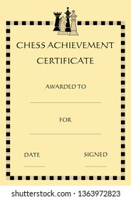 Chess achievement certificate with group of chess pieces, knight, rook, king, queen, beige background in old paper style