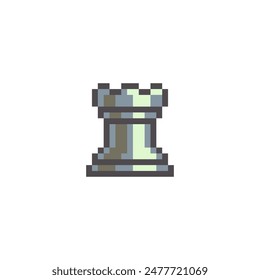 Chess application. Rook chess piece icon, emoji. Pixel art style. 8-bit video game sprite. Game assets. Isolated abstract vector illustration.