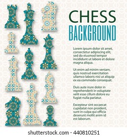 Chess background with Arabic ornaments. Vector illustration.