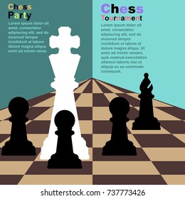 Chess background with chessboard, figures in the game. Vector illustration with a place for your text.