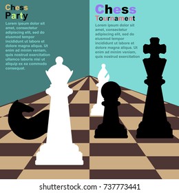 Chess background with chessboard, figures in the game. Vector illustration with a place for your text.