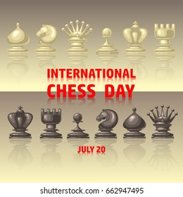 Chess background. International chess day card. July 20. Holiday congratulation poster.