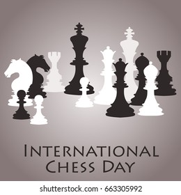 Chess background. International chess day card. July 20. Holiday congratulation poster.