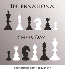 Chess background. International chess day card. July 20. Holiday congratulation poster. Vector illustration