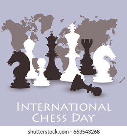 Chess background. International chess day card. July 20. Holiday congratulation poster. Vector illustration