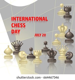 Chess background. International chess day card. July 20. Holiday congratulation poster