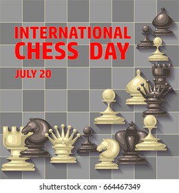 Chess background. International chess day card. July 20. Holiday congratulation poster