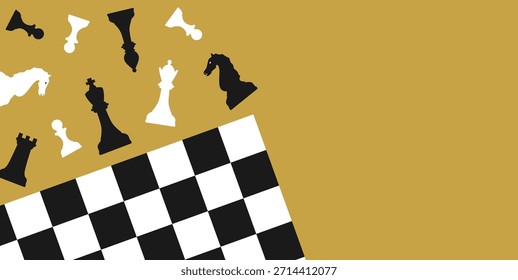 Anuncio de ajedrez. Ilustración vectorial moderna con piezas de ajedrez y un tablero de ajedrez estilizado, adecuado para temas de estrategia, competencia, lógica, torneos, educación y promoción de clubes. 