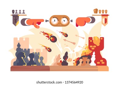 Chess battle on plain board vector illustration. Furious game competition between grandmasters flat style concept. Black side confidently winning hard match
