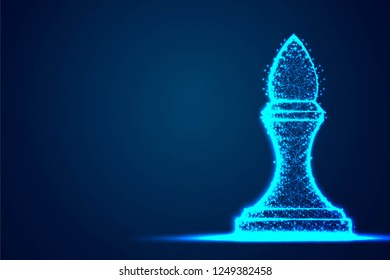 Chess Bishop wireframe Polygon blue frame structure, Business strategy concept design. Abstract low poly, Triangle, dot, line, polygon. Shine blue background, Vector illustration