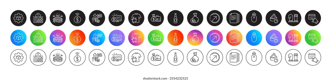 Chess, Bitcoin system and Copy documents line icons. Round icon gradient buttons. Pack of Dirty t-shirt, Direction, Swipe up icon. Build, Cash, Sports arena pictogram. Vector