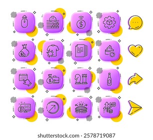 Chess, Bitcoin system and Copy documents line icons. App 3d buttons. Social media comment, share, like icons. Pack of Dirty t-shirt, Direction, Swipe up icon. Vector