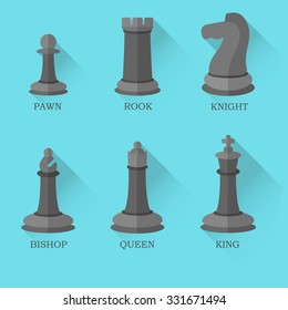 Chess black figures in flat style with semi-transparent long shadow. Shadow technically does not contain transparency, only multiply mixing mode