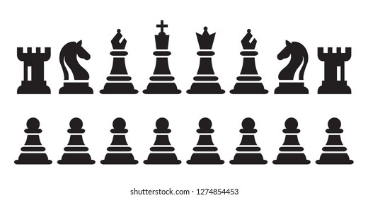 Chess Black Figures Pieces Vector Illustration. Black Chess Icons Set. Sixteen Objects Including King, Queen, Bishop, Knight, Rook, Pawn.