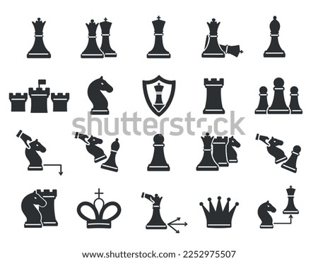 Chess black icons set. Collection of graphic elements for website. Metaphor for strategy and planning. Game of logic and sports. Cartoon flat vector illustrations isolated on white background