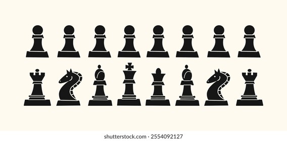 Chess black pieces: king, queen, rook, pawn, knight, queen, bishop. Game of logic and strategy. Doodle cartoon stickers of chess game by hand drawn