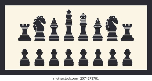 Chess black pieces: rook, knight, bishop, king, queen, and pawns. Strategy game symbols in black and white. Minimalist chess art illustration.