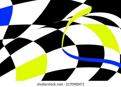 Schachschwarz-weißer Hintergrund mit blauen Elementen und Verzerrung. Abstrakter ungewöhnlicher kreativer Hintergrund. Schachbrett.
