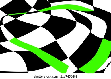 Chess black and white background with green elements and distortion. Abstract unusual creative background. Chess board.