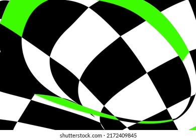 Schachschwarz-weißer Hintergrund mit grünen Elementen und Verzerrung. Abstrakter ungewöhnlicher kreativer Hintergrund. Schachbrett.