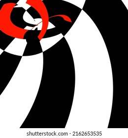 Chess black and white background with red elements and distortion. Abstract unusual creative background. Chess board.