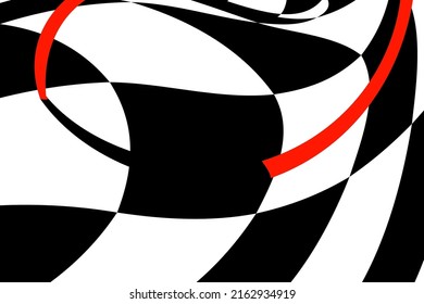 Chess black and white background with red elements and distortion. Abstract unusual creative background. Chess board.