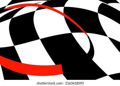 Chess black and white background with red elements and distortion. Abstract unusual creative background. Chess board.