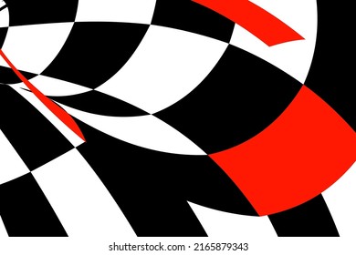 Chess black and white background with red elements and distortion. Abstract unusual creative background. Chess board.