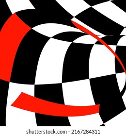 Chess black and white background with red elements and distortion. Abstract unusual creative background. Chess board.