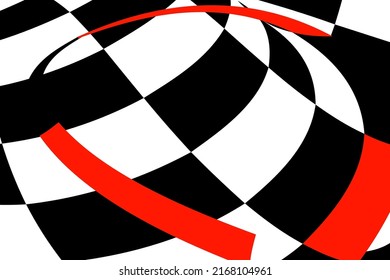 Chess black and white background with red elements and distortion. Abstract unusual creative background. Chess board.