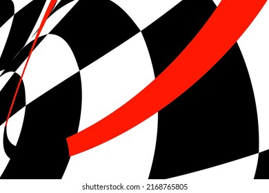 Chess black and white background with red elements and distortion. Abstract unusual creative background. Chess board.