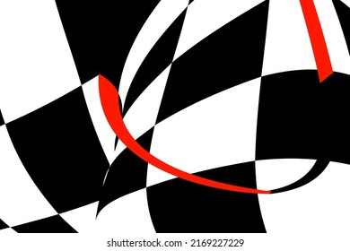 Chess black and white background with red elements and distortion. Abstract unusual creative background. Chess board.