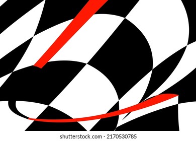 Chess black and white background with red elements and distortion. Abstract unusual creative background. Chess board.
