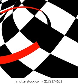 Chess black and white background with red elements and distortion. Abstract unusual creative background. Chess board.