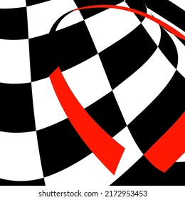 Chess black and white background with red elements and distortion. Abstract unusual creative background. Chess board.