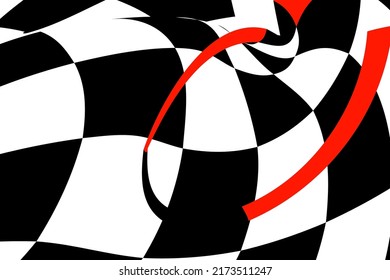 Chess black and white background with red elements and distortion. Abstract unusual creative background. Chess board.