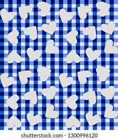 Chess Blue check seamless background - Hearts  Seamless Pattern. Vector illustration. 