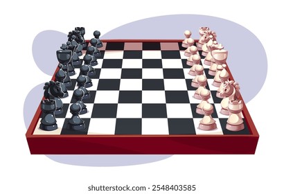 Chess board with arranged black and white pieces on checkered surface ready for match start. Wood framed playing field with glossy figurines positioned in traditional setup. Strategy game tournament.