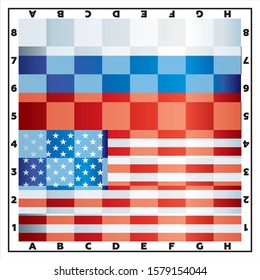 Chess board, Art design checkered, checkerboard, chessboard. Flag of the United States of America and Russia