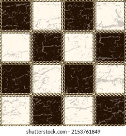 Chess board background vintage design with gold chains. Damaged old wooden surface with cracks, scratches. Vector seamless pattern.