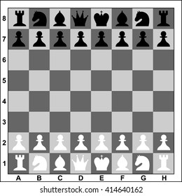 Chess board with black and white figures. Flat style. Vector illustration.