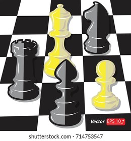 Chess board , black and white  chess pieces , chess figure , king. queen, bishop, knight , pawn, rook  vector illustration