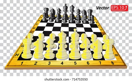 Chess board , black and white  chess pieces , chess figure , king. queen, bishop, knight , pawn, rook isolated on  transparent  background vector illustration